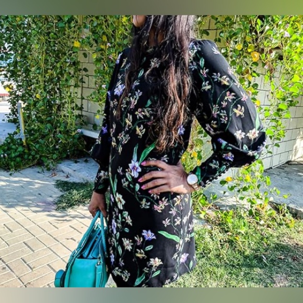 H&M Black Floral Puff Sleeves Retro Short‎ Shift Cute Dress 4 Small